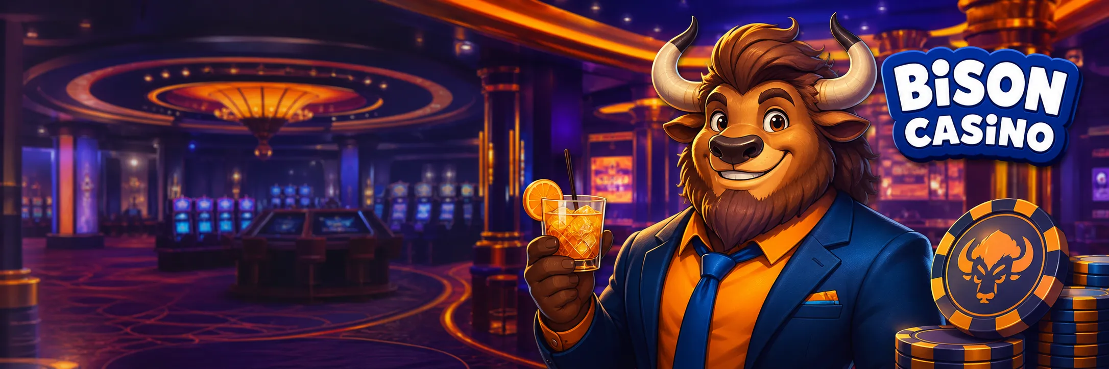 Premium Bison Casino hero banner featuring cartoon bison mascot with logo and elegant casino interior.