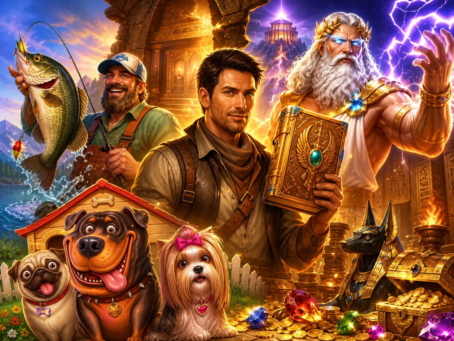 Premium artwork featuring vibrant slot game characters and worlds, ideal for Bison Casino's offerings.