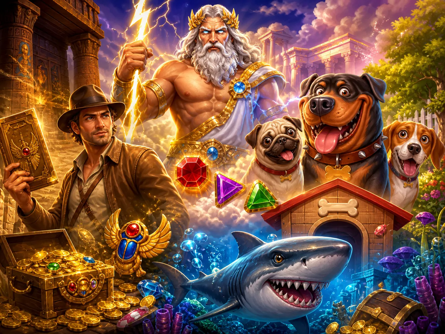 High-quality slot game promotional artwork featuring vibrant characters and thematic environments.