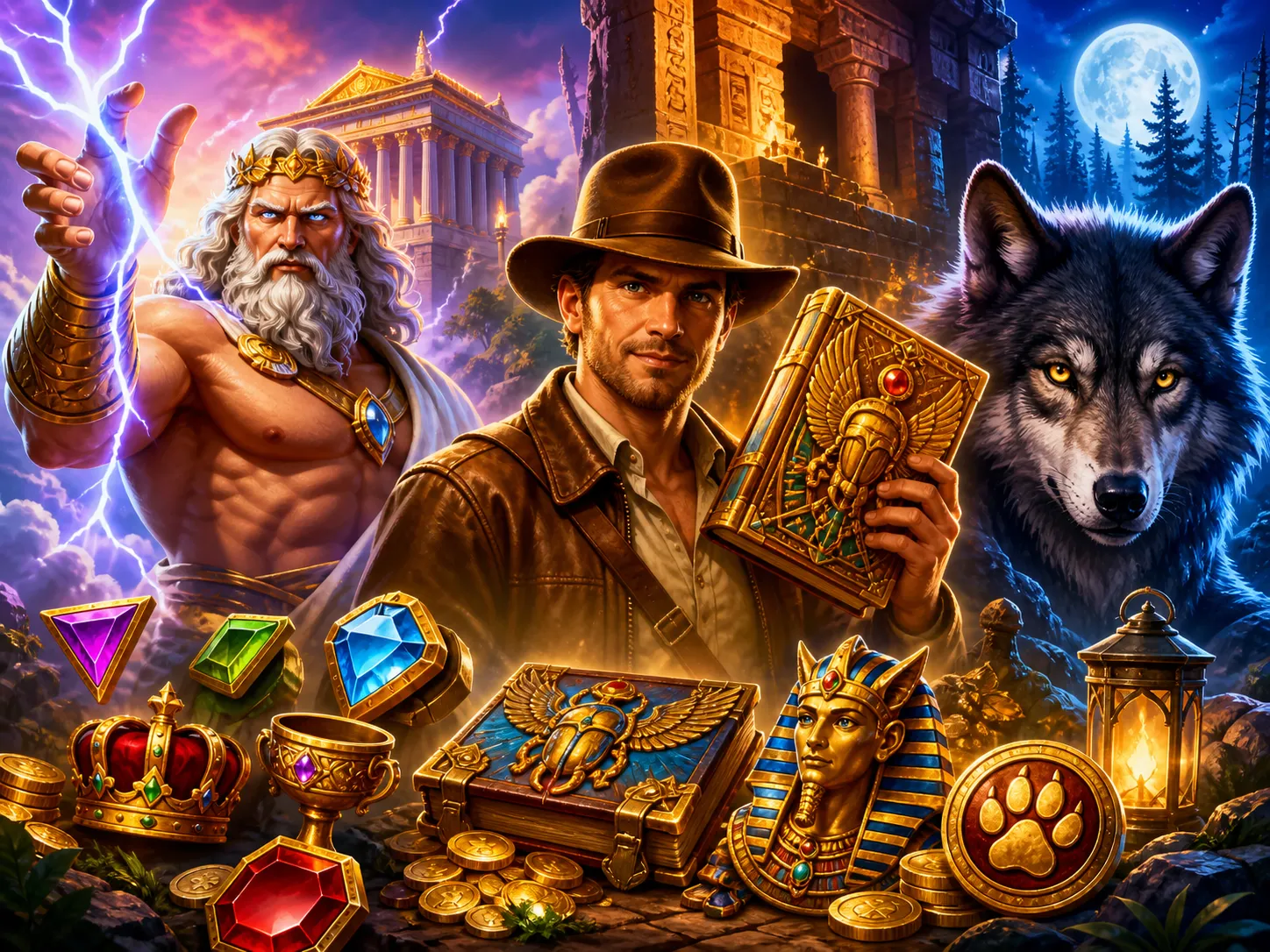 Dynamic scene of slot game characters from a bison-themed casino world, showcasing vibrant colors and cinematic lighting.